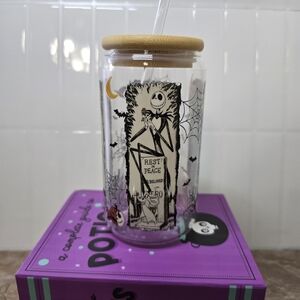 Jack Skellington Glass Tumbler with Bamboo Lid Nightmare Before Christmas 16oz